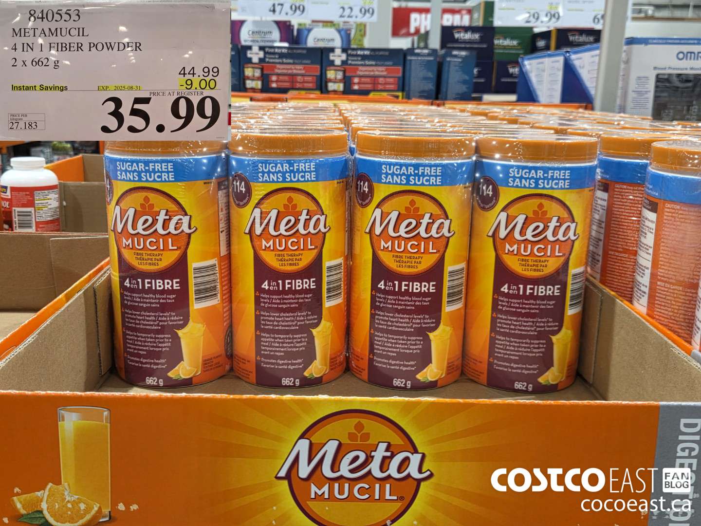 840553 METAMUCIL 4 IN 1 FIBER POWDER 2 X 662 G ($9.00 INSTANT SAVINGS EXPIRES ON 2025-08-31) $35.99