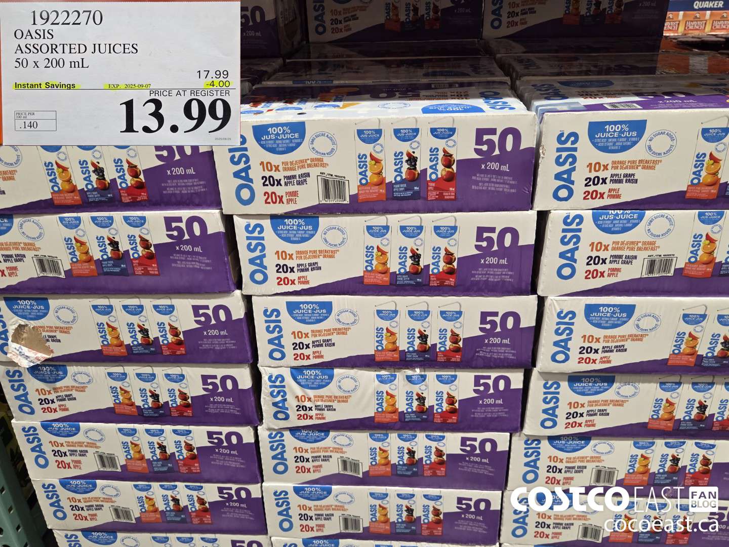 1922270 OASIS ASSORTED JUICES 50 x 200 mL  ($4.00 INSTANT SAVINGS EXPIRES ON 2025-09-07) $13.99