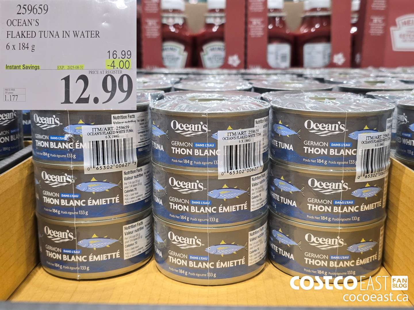 259659 OCEAN'S FLAKED TUNA IN WATER 6 x 184 G ($4.00 INSTANT SAVINGS EXPIRES ON 2025-08-31) $12.99