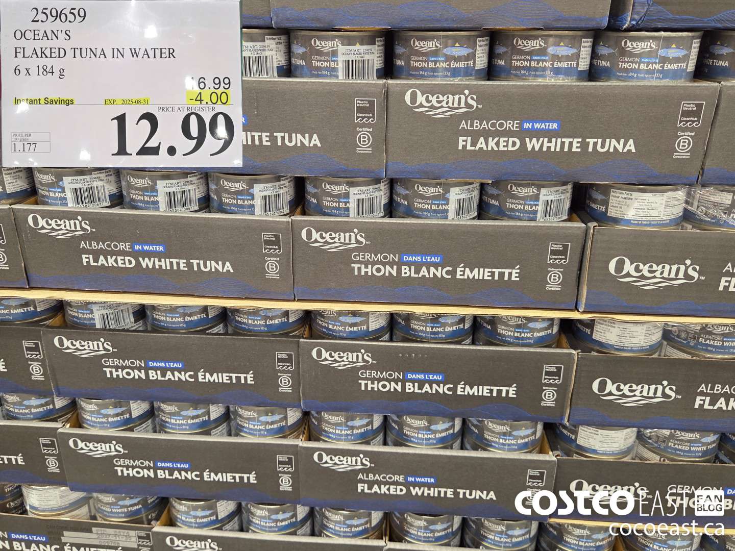 259659 OCEAN'S FLAKED TUNA IN WATER 6 x 184 G ($4.00 INSTANT SAVINGS EXPIRES ON 2025-08-31) $12.99