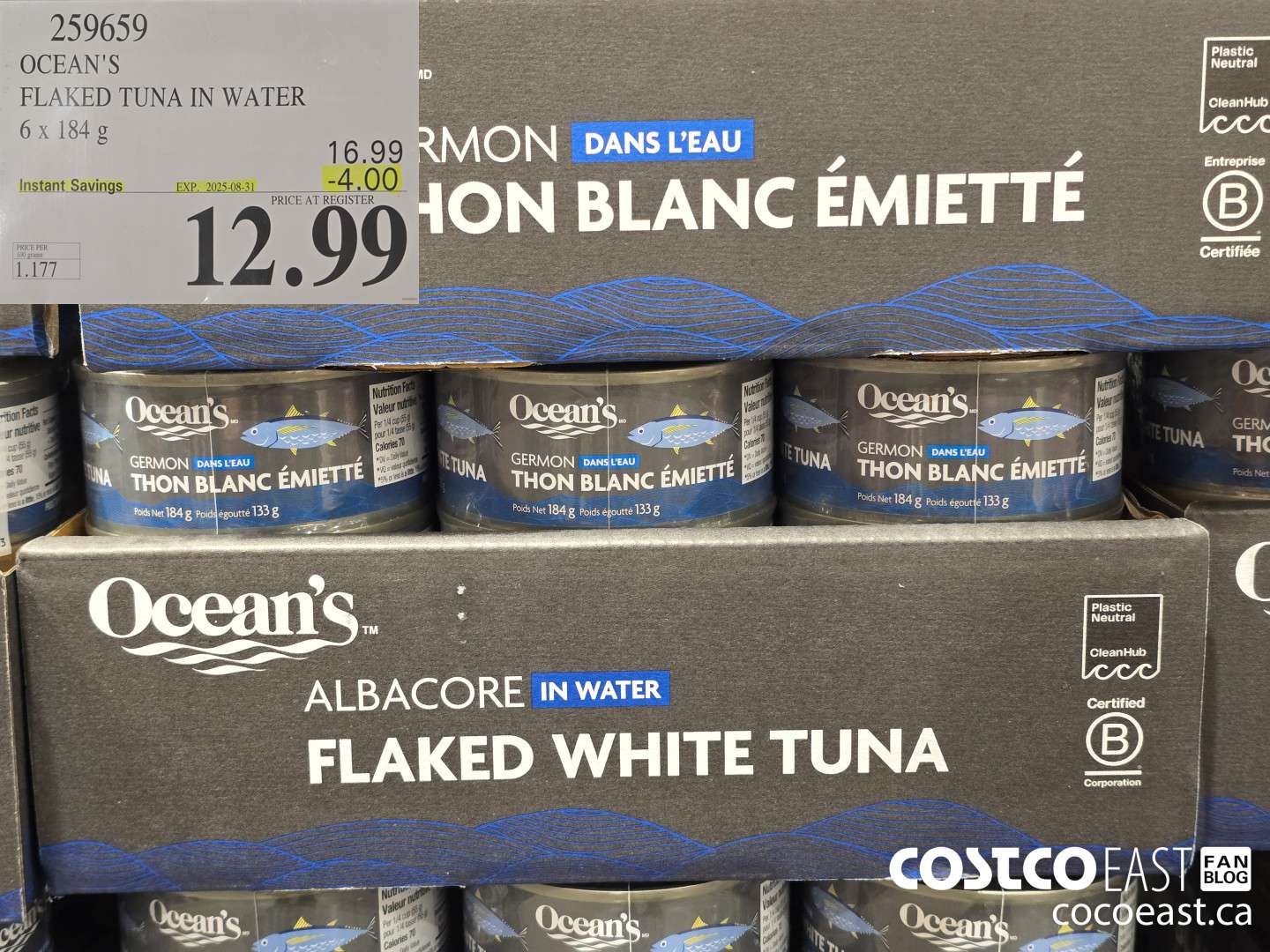 259659 OCEAN'S FLAKED TUNA IN WATER 6 x 184 G ($4.00 INSTANT SAVINGS EXPIRES ON 2025-08-31) $12.99