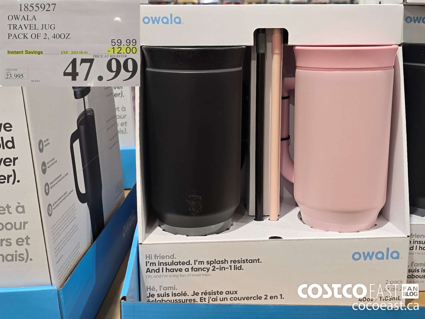 1855927 OWALA TRAVEL JUG PACK OF 2, 40OZ ($12.00 INSTANT SAVINGS EXPIRES ON 2025-08-03) $47.99