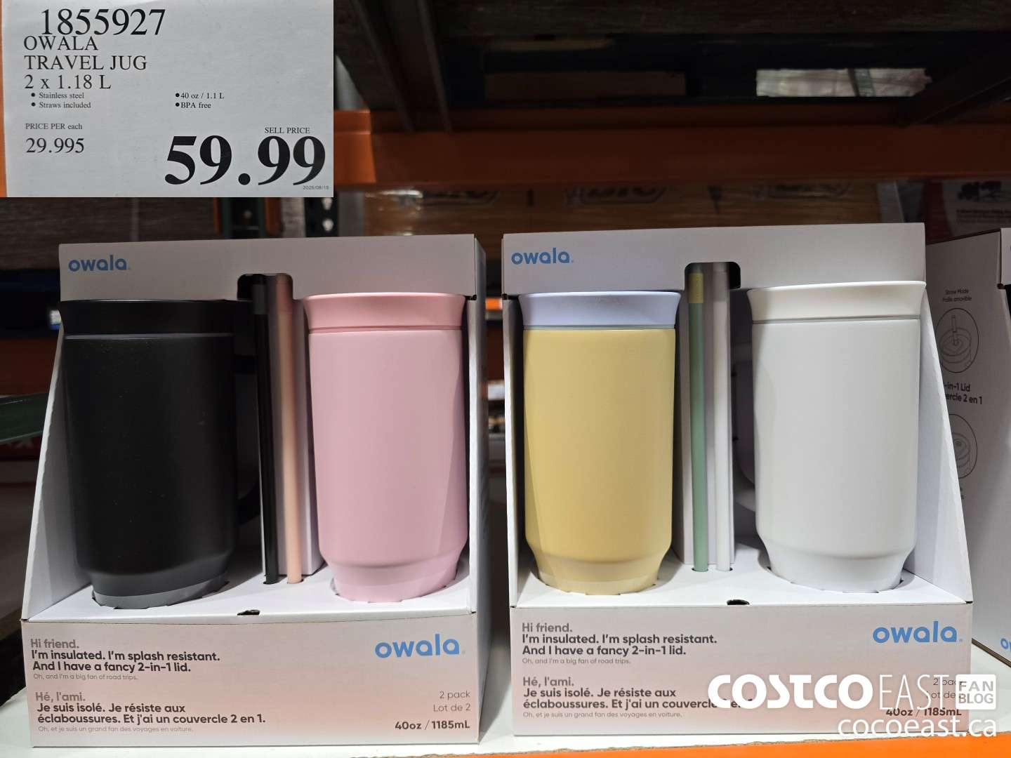 1855927 OWALA TRAVEL JUG PACK OF 2 X 1.18 L $59.99