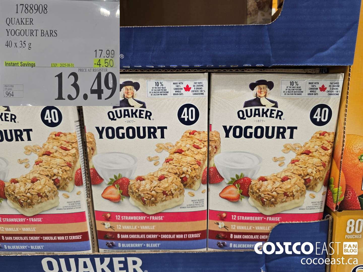 1788908 QUAKER YOGURT BARS 40 x 35g ($4.50 INSTANT SAVINGS EXPIRES ON 2025-08-31) $13.49