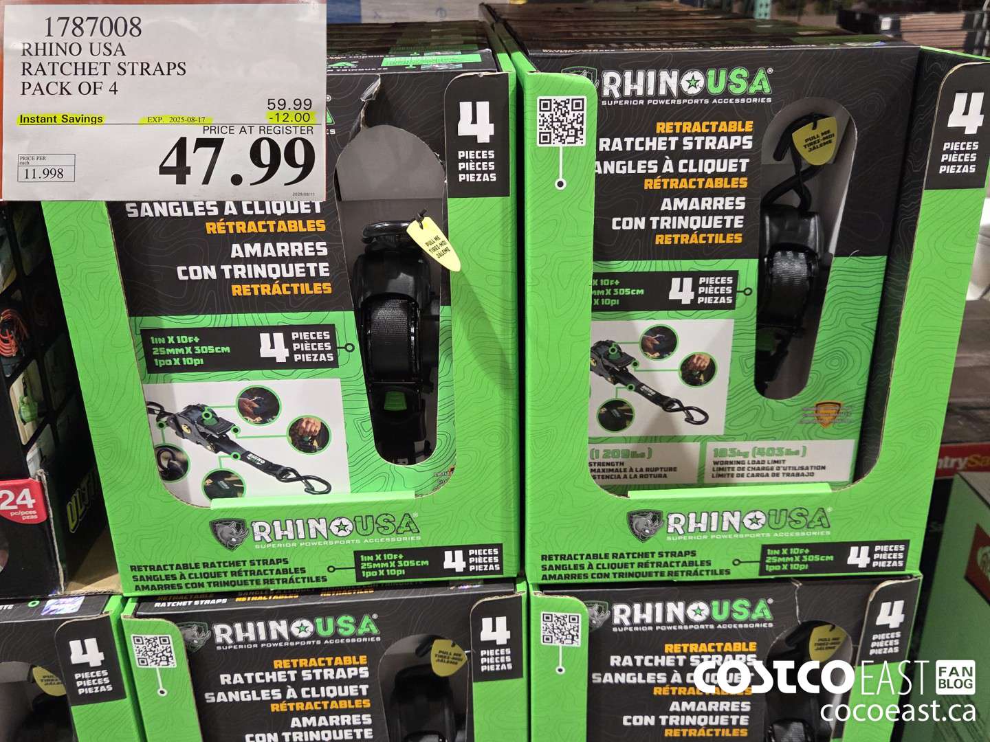 1787008 RHINO USA RETRACTABLE RATCHET STRAPS 4PK ($12.00 INSTANT SAVINGS EXPIRES ON 2025-08-17) $47.99