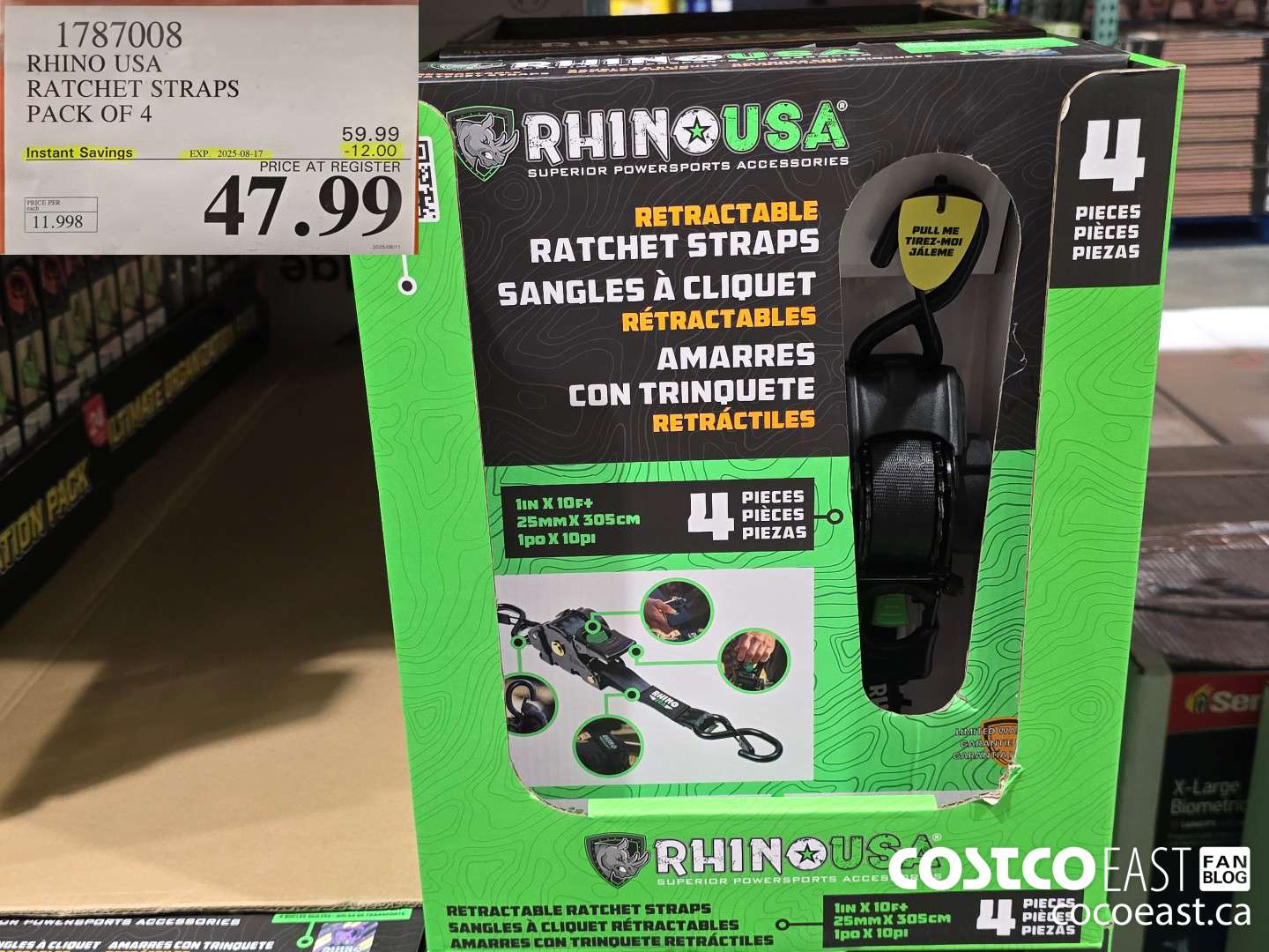 1787008 RHINO USA RETRACTABLE RATCHET STRAPS 4PK ($12.00 INSTANT SAVINGS EXPIRES ON 2025-08-17) $47.99