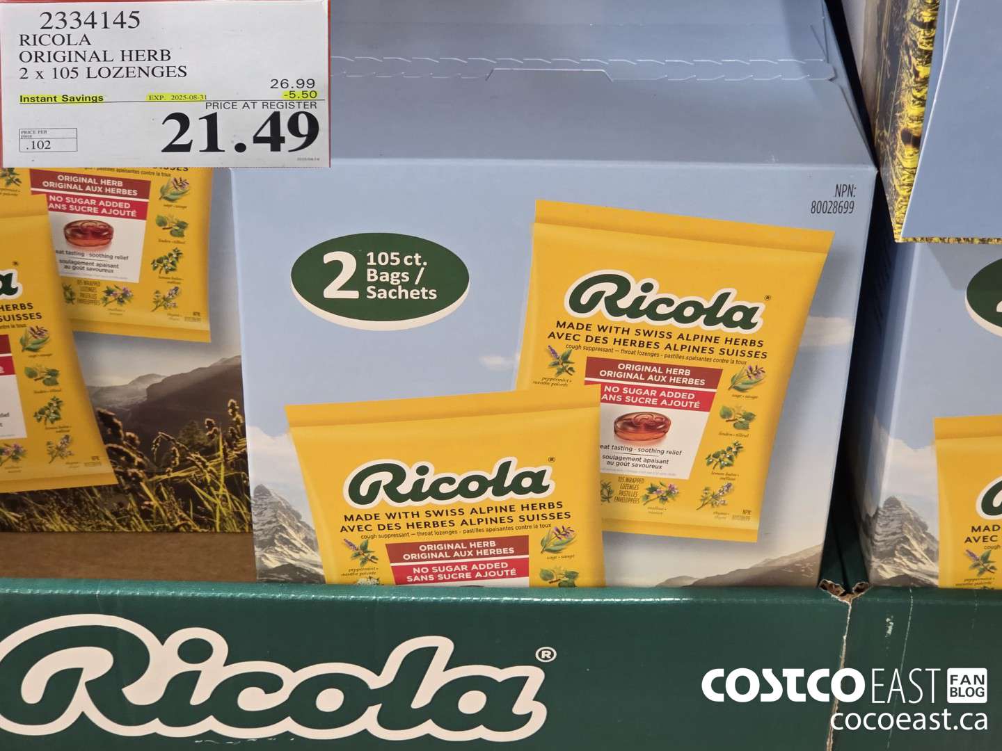 2334145 RICOLA ORIGINAL HERB 2 X 105 LOZENGES ($5.50 INSTANT SAVINGS EXPIRES ON 2025-08-31) $21.49