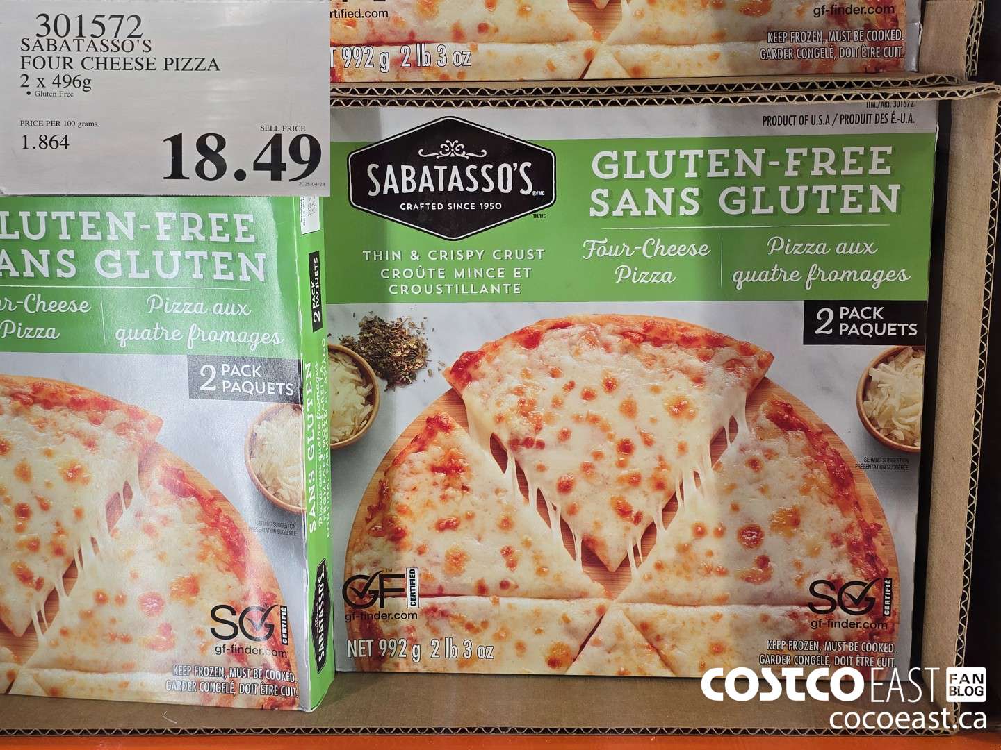 301572 SABATASSO'S FOUR CHEESE PIZZA 2 X 496G $18.49