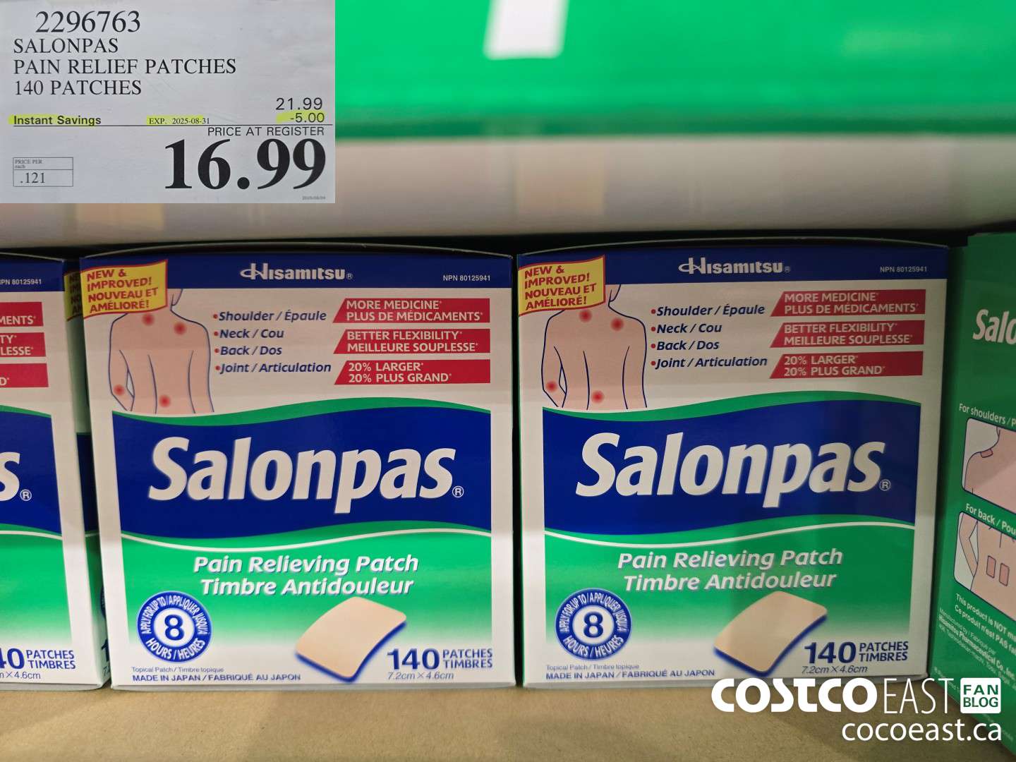 2296763 SALONPAS PAIN RELIEF PATCHES 140 PATCHES ($5.00 INSTANT SAVINGS EXPIRES ON 2025-08-31) $16.99