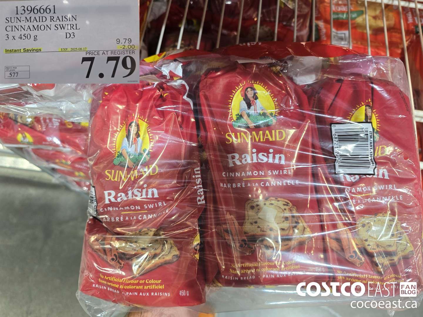 1396661 SUN-MAID RAISIN CINNAMON SWIRL 3 x 450 g ($2.00 INSTANT SAVINGS EXPIRES ON 2025-08-17) $7.79