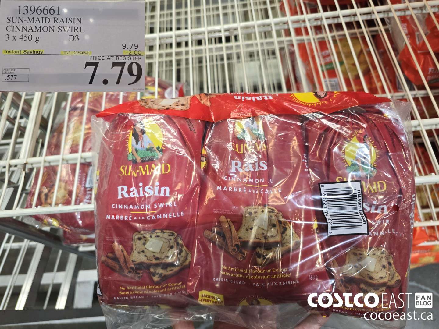 1396661 SUN-MAID RAISIN CINNAMON SWIRL 3 x 450 g ($2.00 INSTANT SAVINGS EXPIRES ON 2025-08-17) $7.79