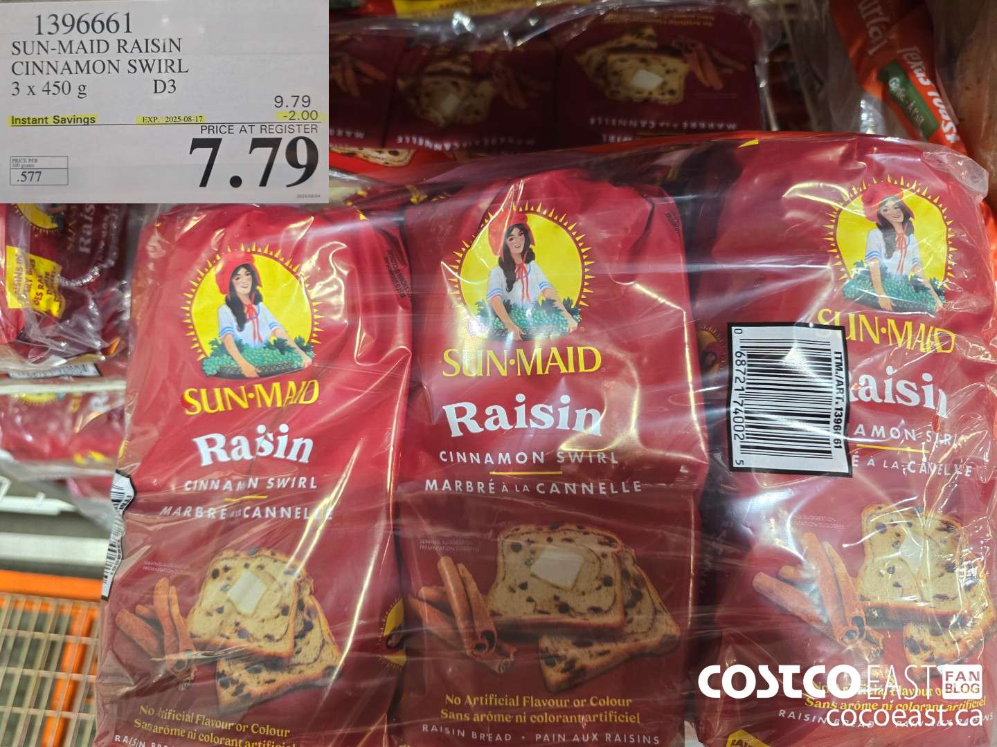 1396661 SUN-MAID RAISIN CINNAMON SWIRL 3 x 450 g ($2.00 INSTANT SAVINGS EXPIRES ON 2025-08-17) $7.79