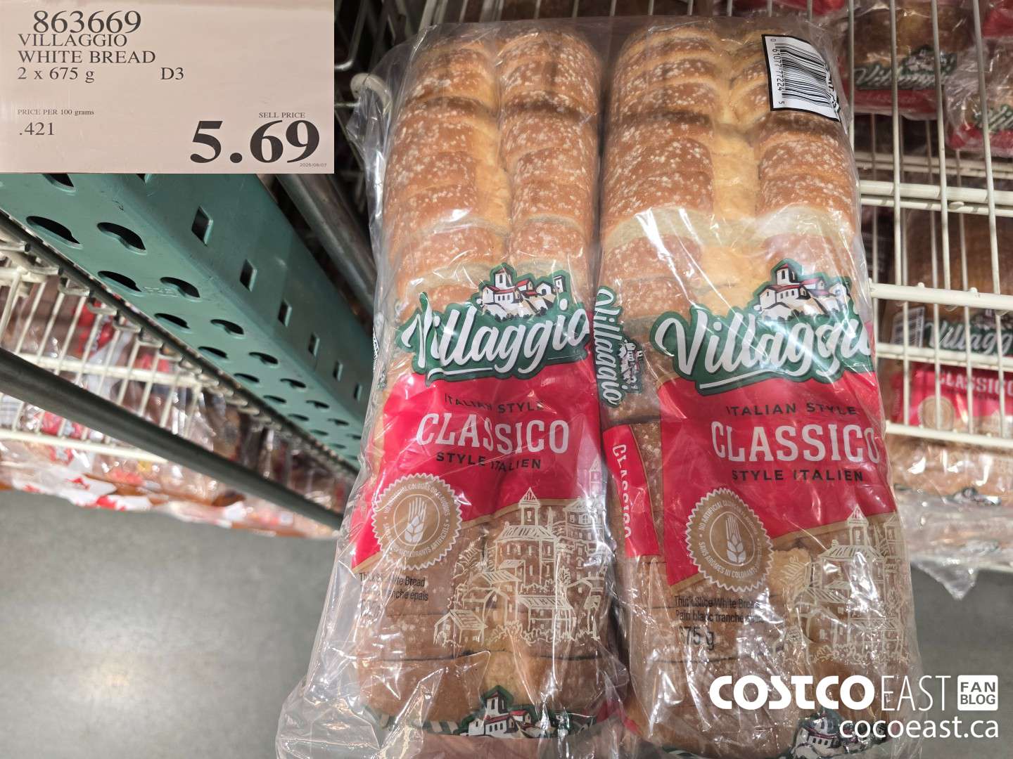 863669 VILLAGGIO WHITE BREAD 2 X 675G $5.69