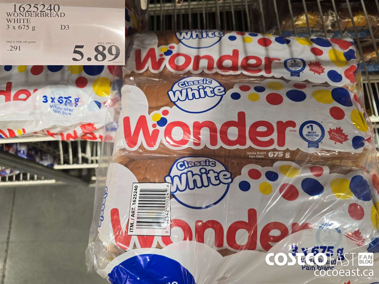 1625240 WONDERBREAD WHITE 3 X 675 G $6.69