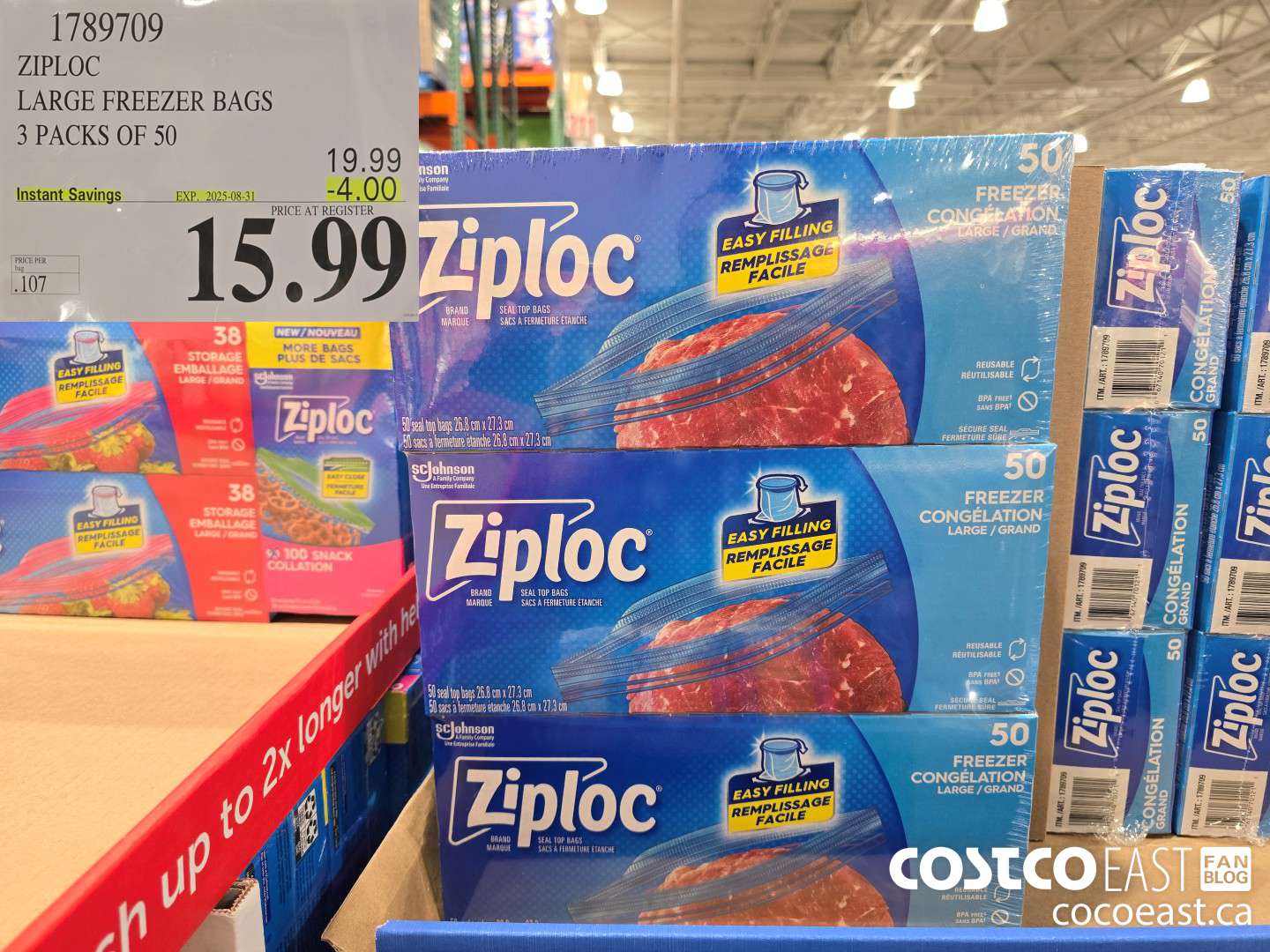 1789709 ZIPLOC LARGE FREEZER BAGS 3 PACKS OF 50 ($4.00 INSTANT SAVINGS EXPIRES ON 2025-08-31) $15.99