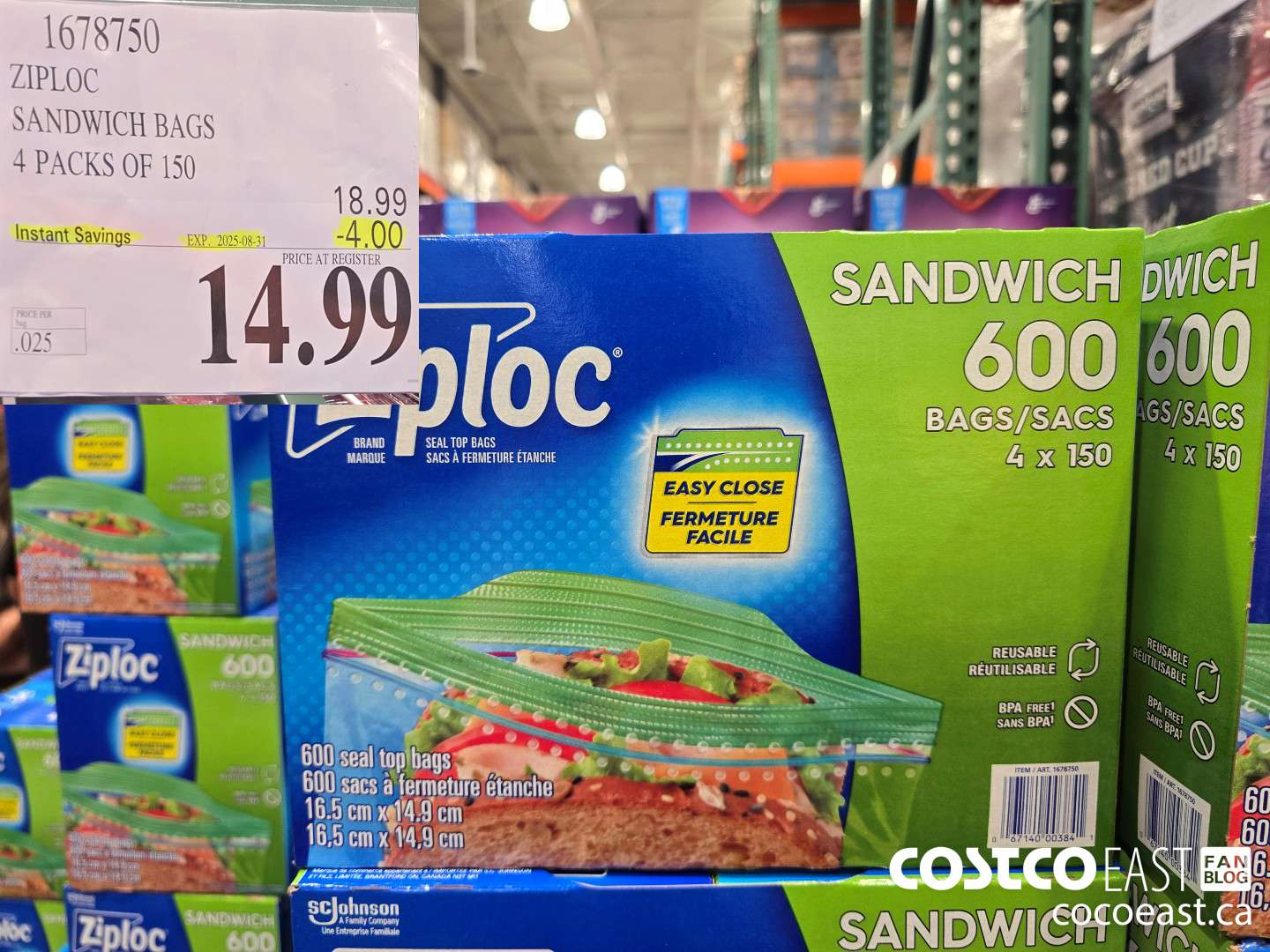 1678750 ZIPLOC SANDWICH BAGS 4 PACKS OF 150 ($4.00 INSTANT SAVINGS EXPIRES ON 2025-08-31) $14.99