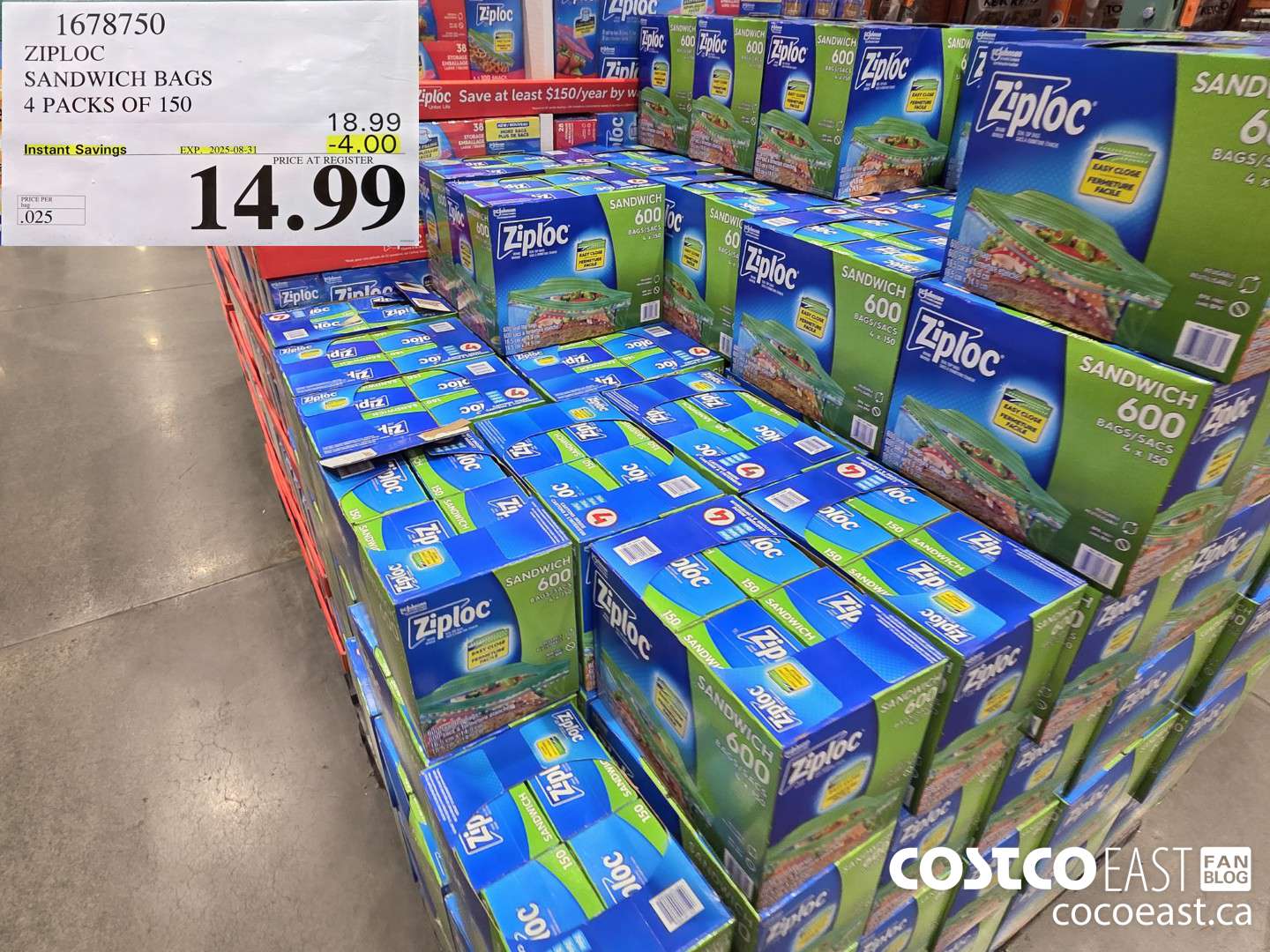 1678750 ZIPLOC SANDWICH BAGS 4 PACKS OF 150 ($4.00 INSTANT SAVINGS EXPIRES ON 2025-08-31) $14.99