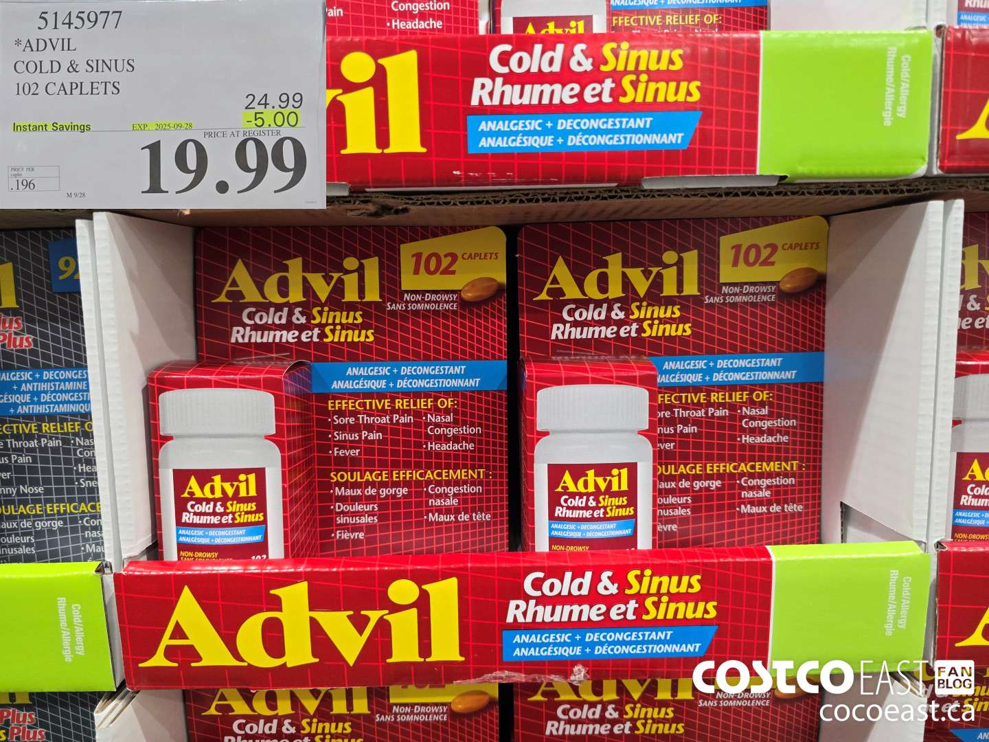 5145977 ADVIL COLD & SINUS 102 CAPLETS ($5.00 INSTANT SAVINGS EXPIRES ON 2025-09-28) $19.99
