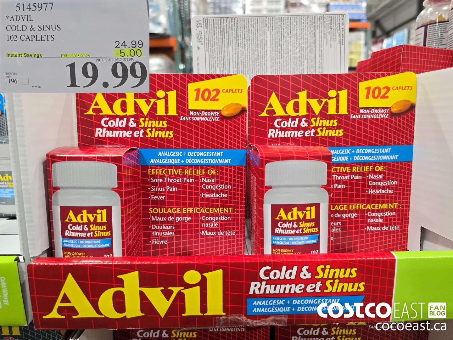 5145977 ADVIL COLD & SINUS 102 CAPLETS ($5.00 INSTANT SAVINGS EXPIRES ON 2025-09-28) $19.99