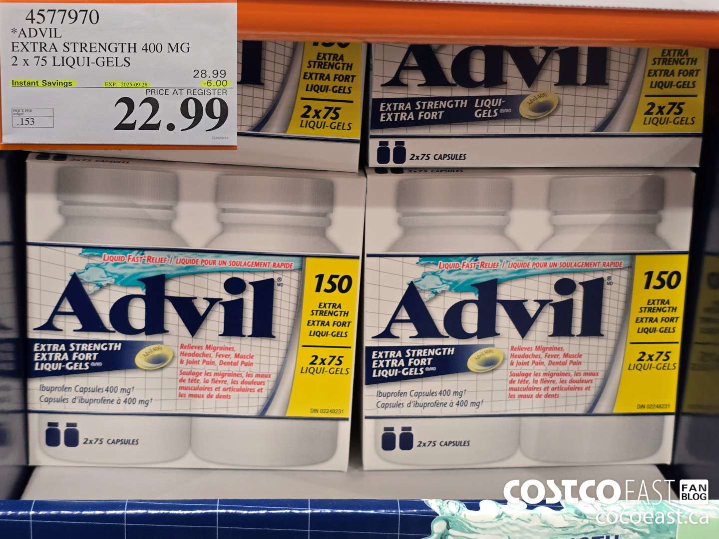 4577970 ADVIL EXTRA STRENGTH 400 MG 2 X 75 LIQUI-GELS ($6.00 INSTANT SAVINGS EXPIRES ON 2025-09-28) $22.99
