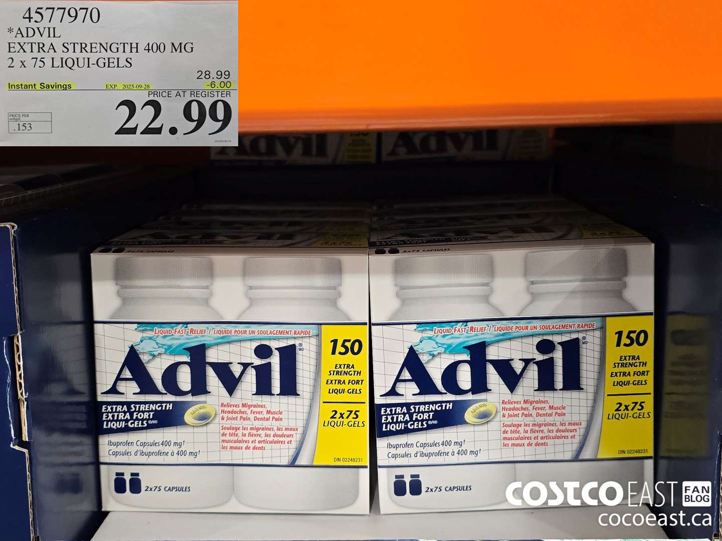 4577970 ADVIL EXTRA STRENGTH 400 MG 2 X 75 LIQUI-GELS ($6.00 INSTANT SAVINGS EXPIRES ON 2025-09-28) $22.99