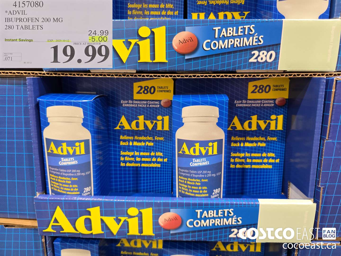 4157080 ADVIL IBUPROFEN 200MG 280 TABLETS ($5.00 INSTANT SAVINGS EXPIRES ON 2025-10-12) $19.99