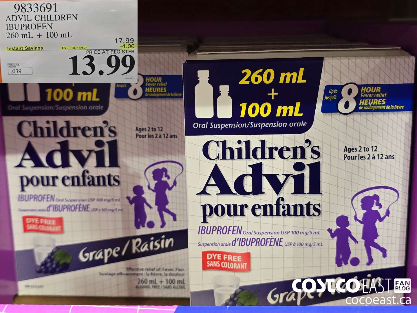 9833691 ADVIL IBUPROFEN CHILDREN DYE FREE 260 + 100ML ($4.00 INSTANT SAVINGS EXPIRES ON 2025-09-28) $13.99
