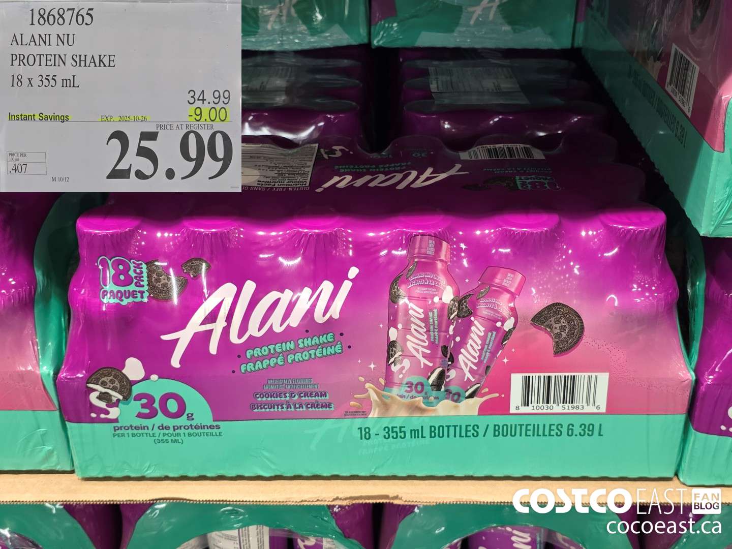 1868765 ALANI NU PROTEIN SHAKE 18 X 355 mL ($9.00 INSTANT SAVINGS EXPIRES ON 2025-10-26) $25.99