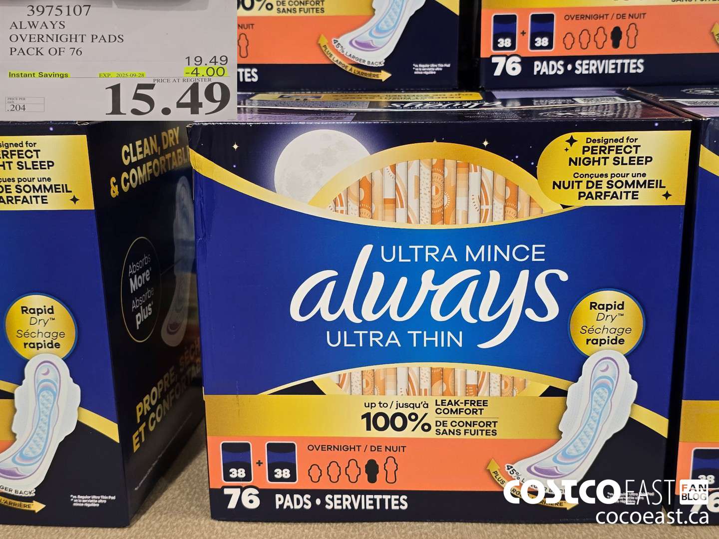 3975107 ALWAYS OVERNIGHT PADS PACK OF 76 ($4.00 INSTANT SAVINGS EXPIRES ON 2025-09-28) $15.49