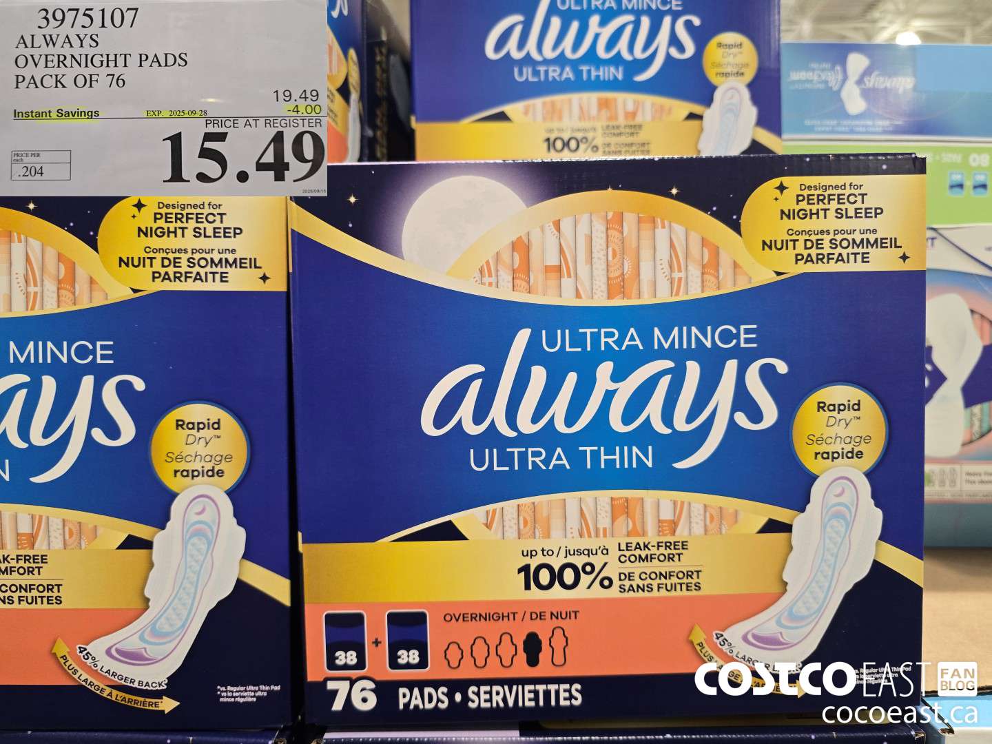 3975107 ALWAYS OVERNIGHT PADS PACK OF 76 ($4.00 INSTANT SAVINGS EXPIRES ON 2025-09-28) $15.49