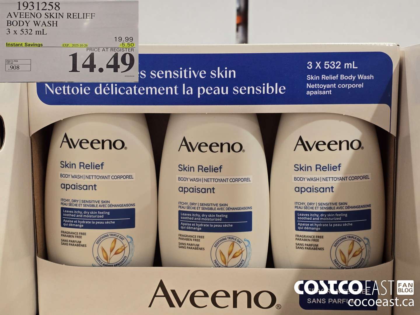 1931258 AVEENO SKIN RELIEF BODY WASH 3 X 532 ML ($5.50 INSTANT SAVINGS EXPIRES ON 2025-10-26) $14.49