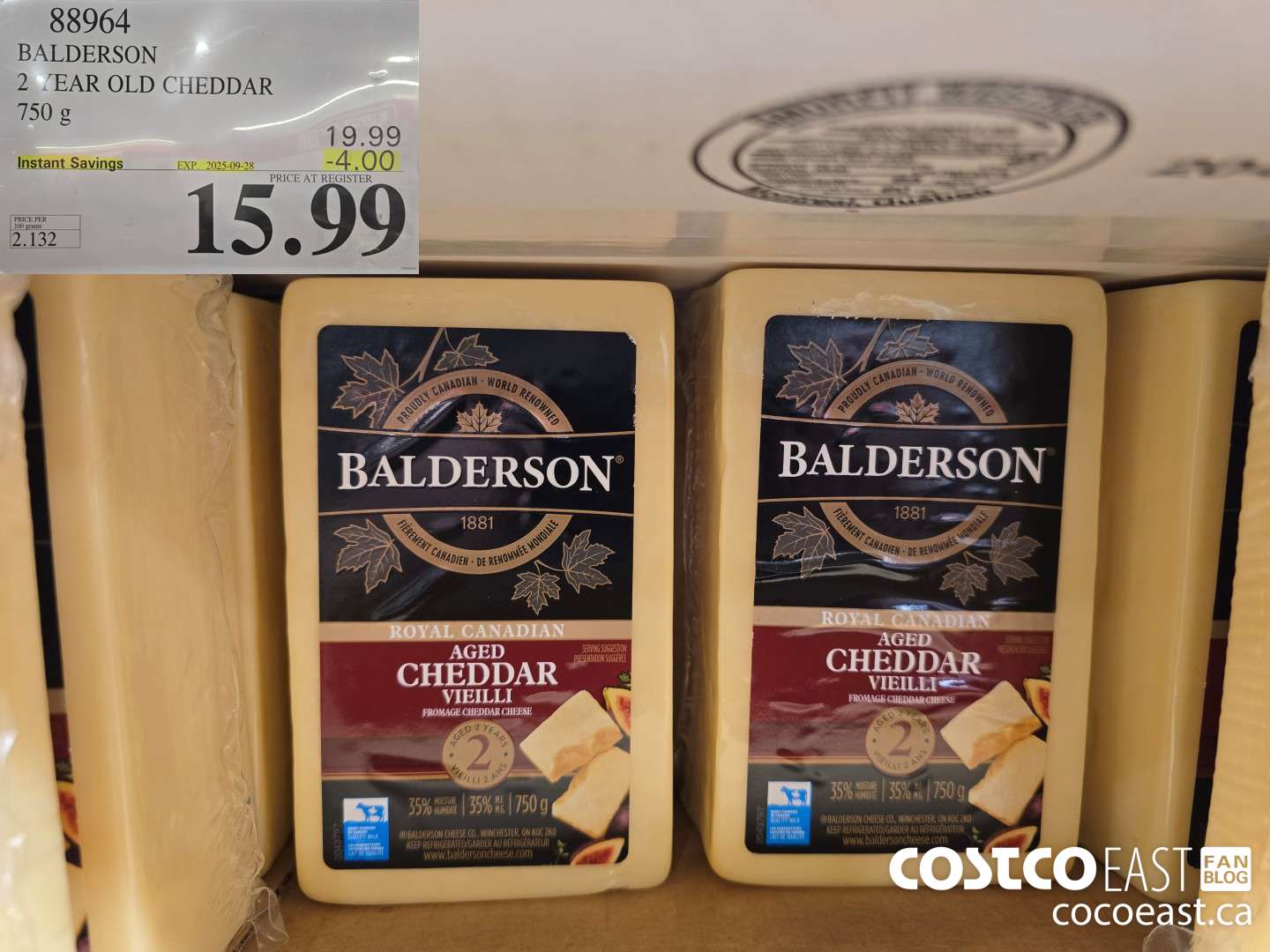 88964 BALDERSON 2 YEAR OLD CHEDDAR 750 g ($4.00 INSTANT SAVINGS EXPIRES ON 2025-09-28) $15.99