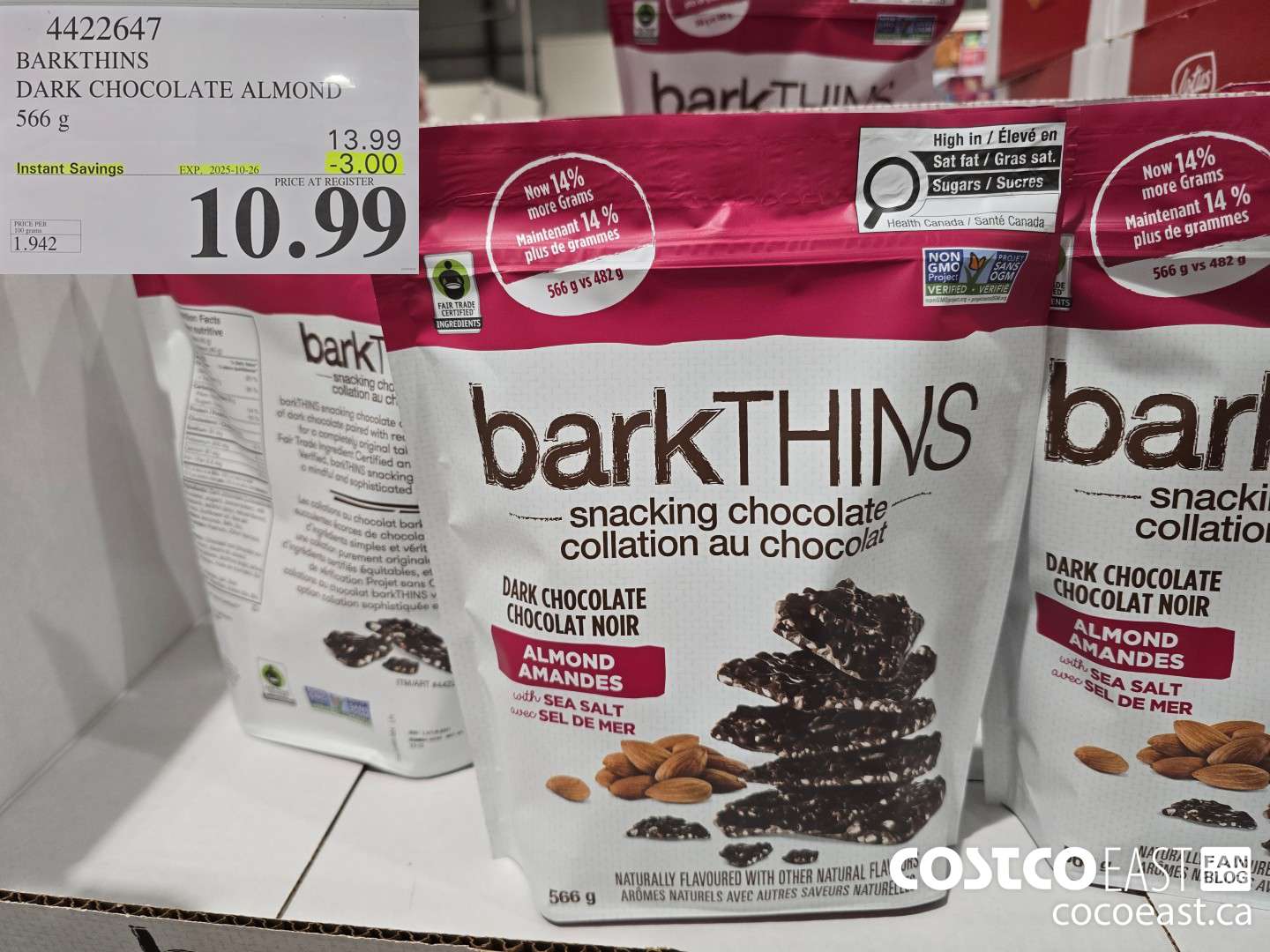 4422647 BARKTHINS DARK CHOCOLATE ALMOND 566 g ($3.00 INSTANT SAVINGS EXPIRES ON 2025-10-26) $10.99