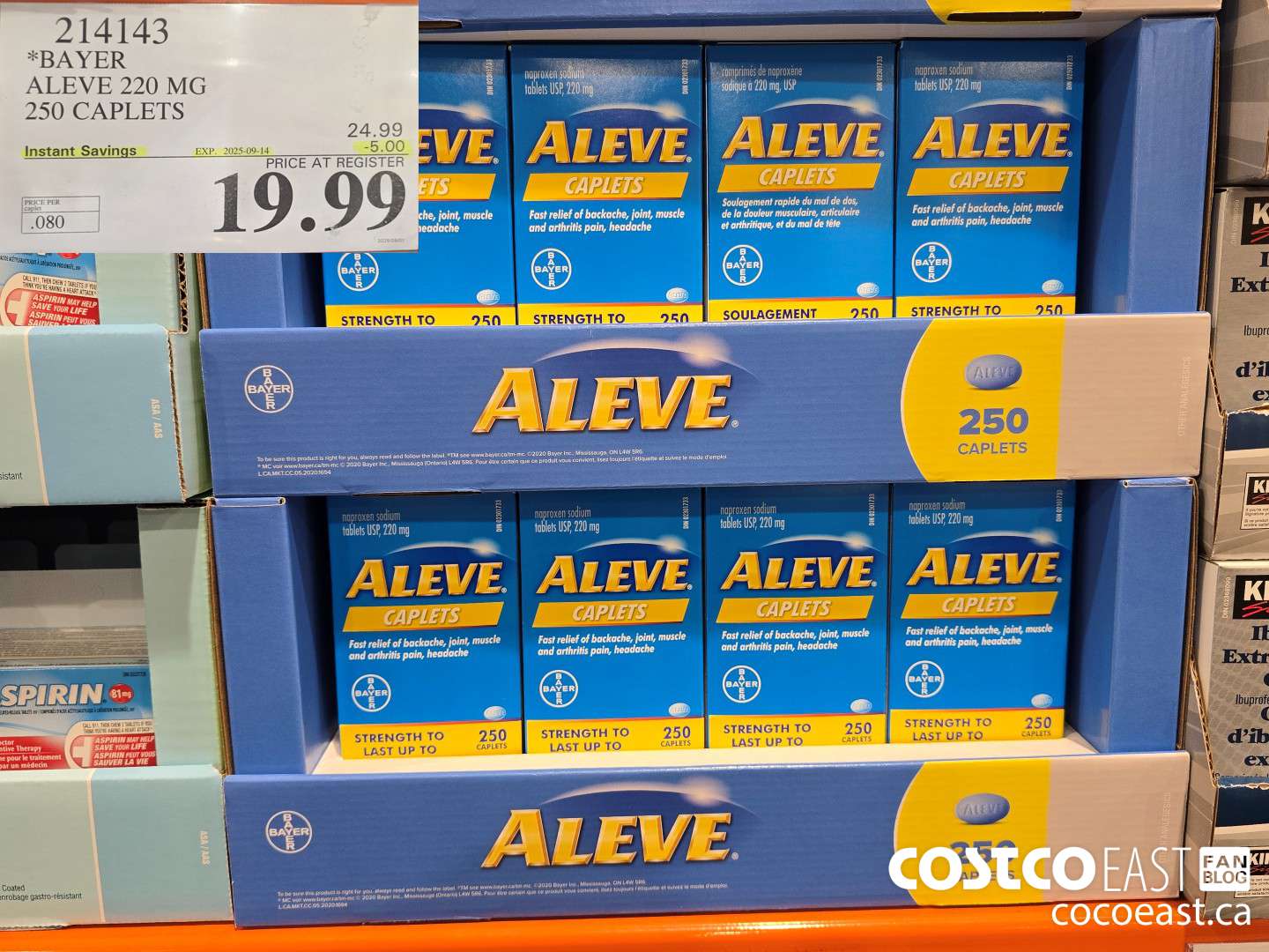 214143 BAYER ALEVE 220 MG 250 CAPLETS ($5.00 INSTANT SAVINGS EXPIRES ON 2025-09-14) $19.99