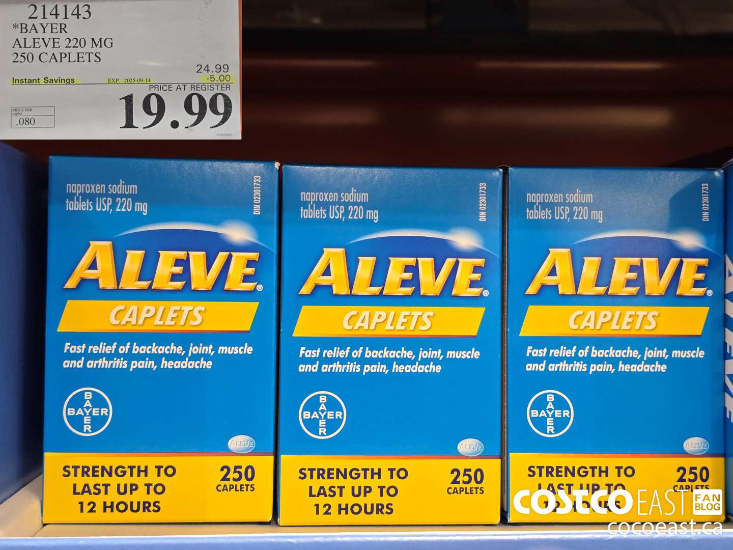 214143 BAYER ALEVE 220 MG 250 CAPLETS ($5.00 INSTANT SAVINGS EXPIRES ON 2025-09-14) $19.99