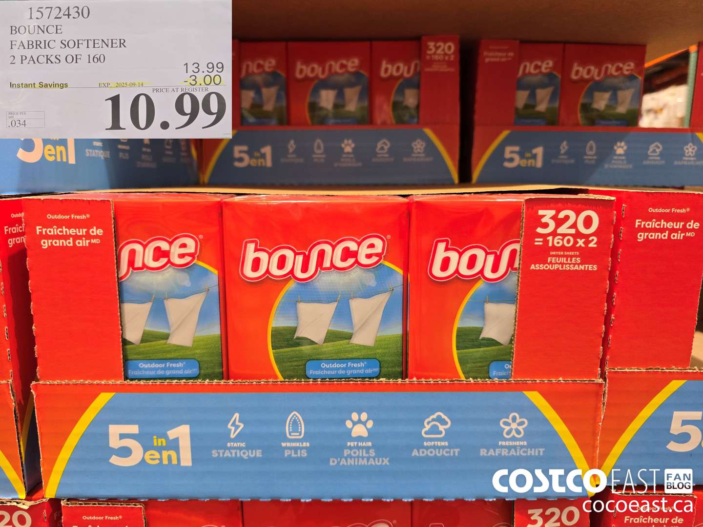 1572430 BOUNCE FABRIC SOFTENER 2 PACKS OF 160 ($3.00 INSTANT SAVINGS EXPIRES ON 2025-09-14) $10.99