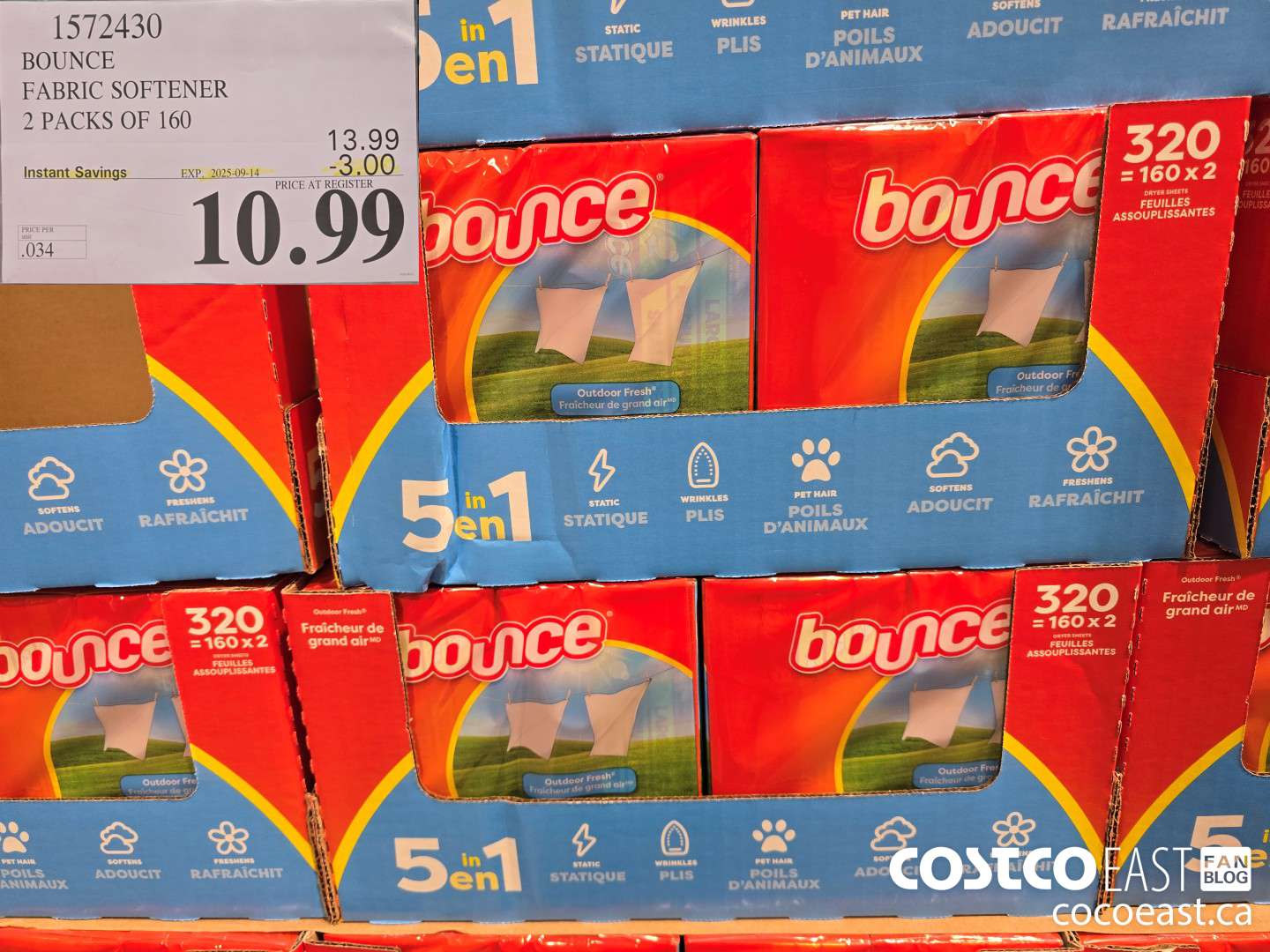 1572430 BOUNCE FABRIC SOFTENER 2 PACKS OF 160 ($3.00 INSTANT SAVINGS EXPIRES ON 2025-09-14) $10.99