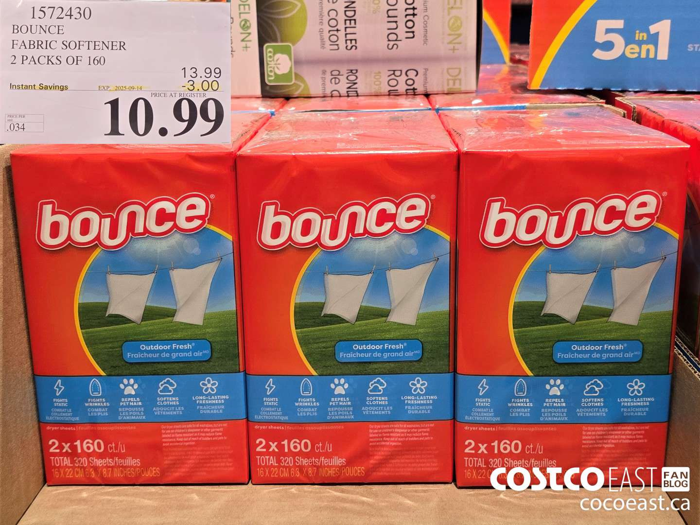 1572430 BOUNCE FABRIC SOFTENER 2 PACKS OF 160 ($3.00 INSTANT SAVINGS EXPIRES ON 2025-09-14) $10.99
