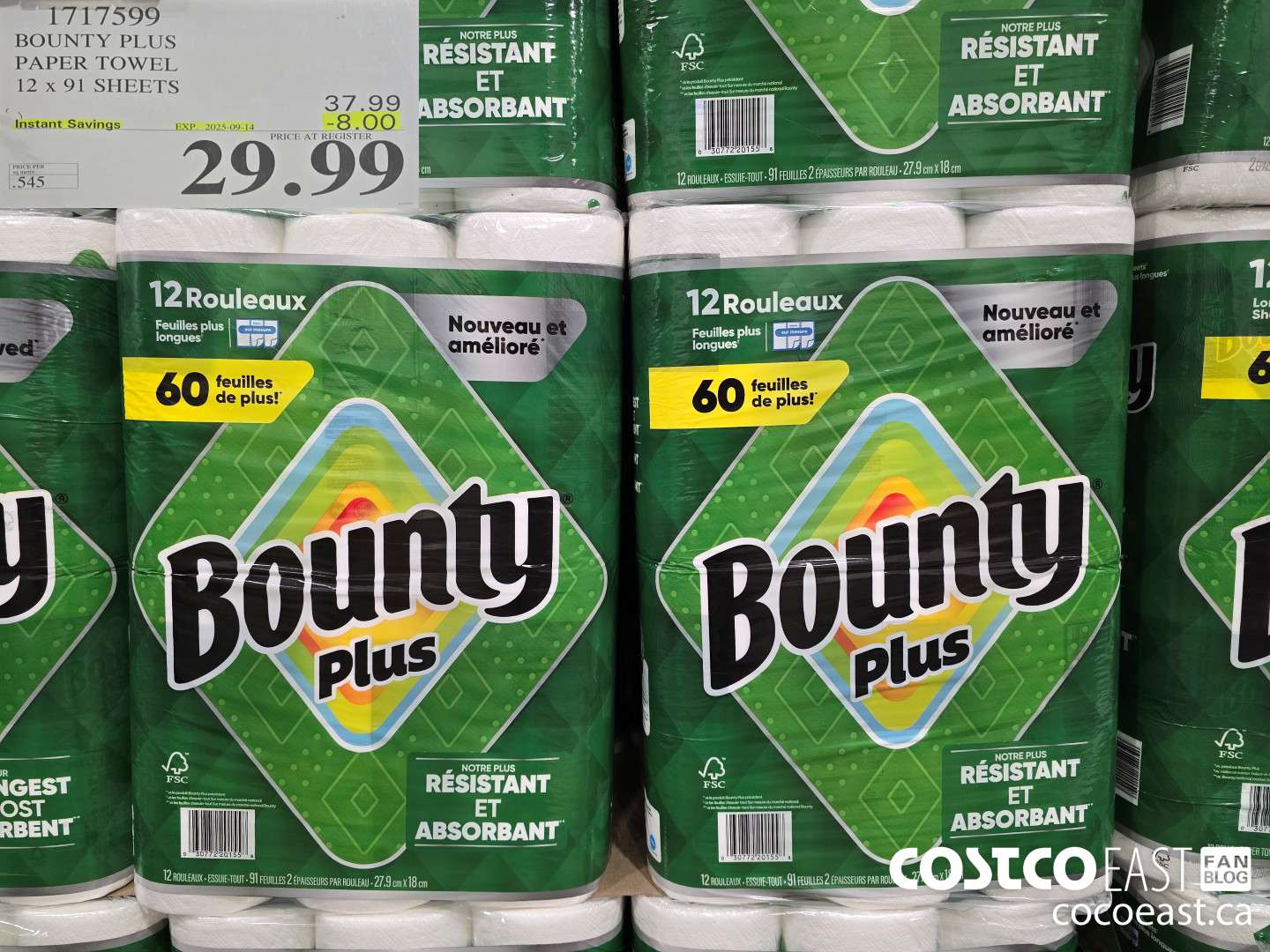 1717599 BOUNTY PLUS PAPER TOWEL 12 x 91 SHEETS ($6.50 INSTANT SAVINGS EXPIRES ON 2025-09-14) $25.99