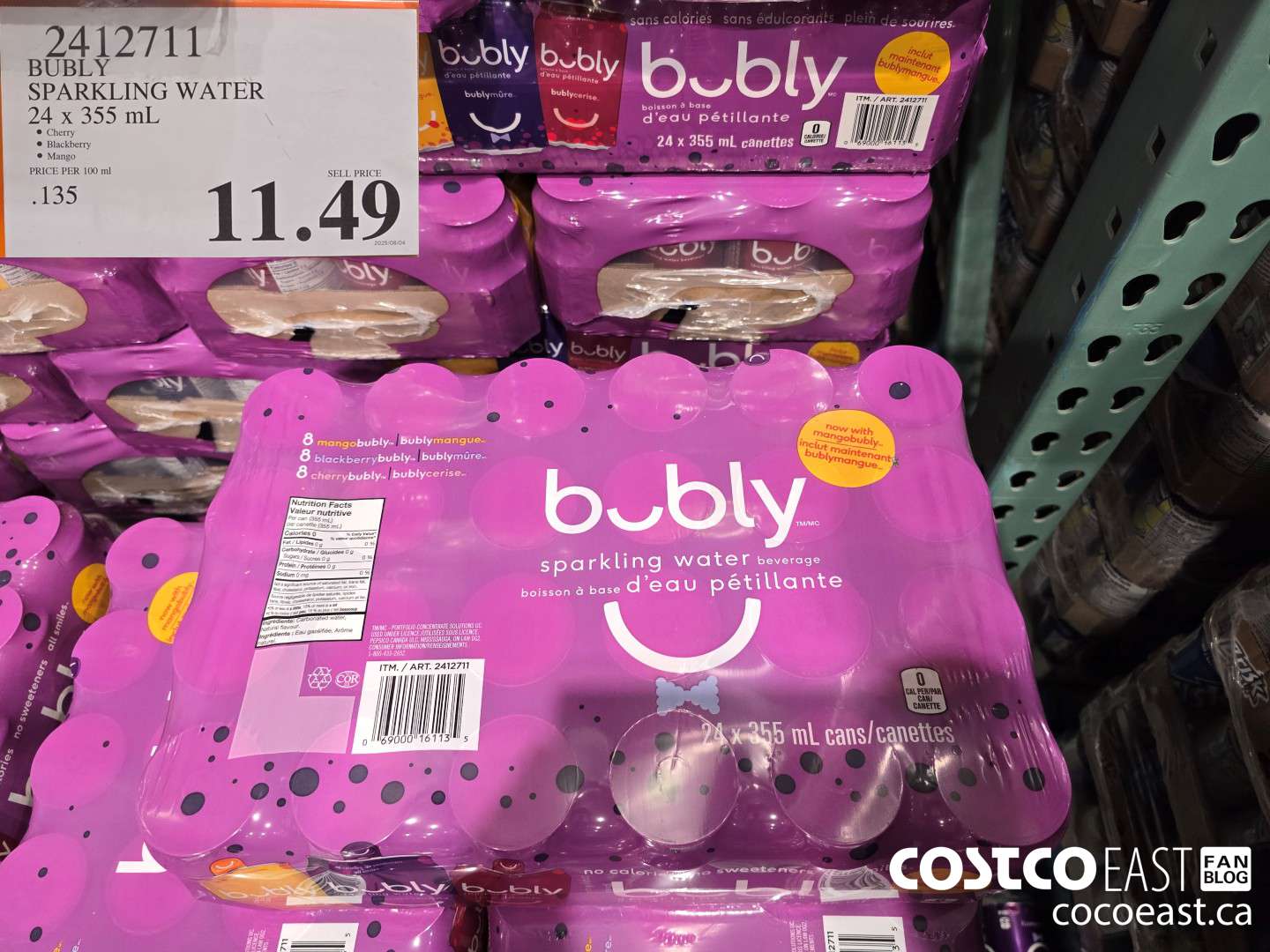 2412711 BUBLY SPARKLING WATER 24 X 355 ML $11.49