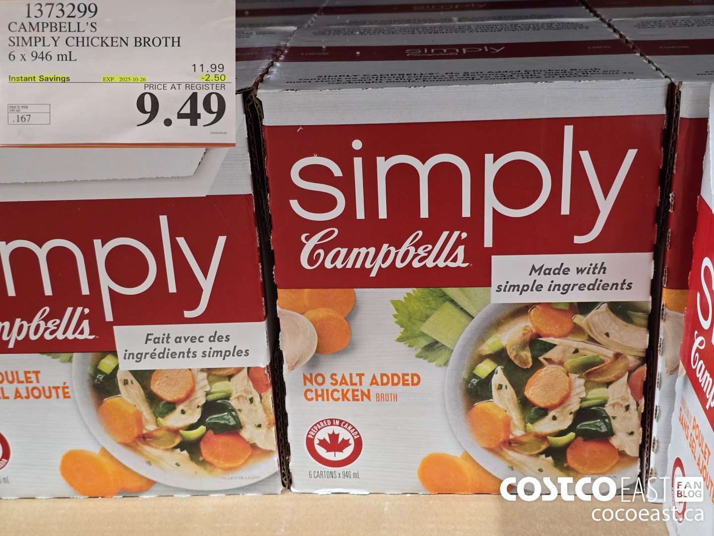1373299 CAMPBELL'S SIMPLY CHICKEN BROTH 6 x 946 mL 2025-10.26 ($2.50 INSTANT SAVINGS) $9.49