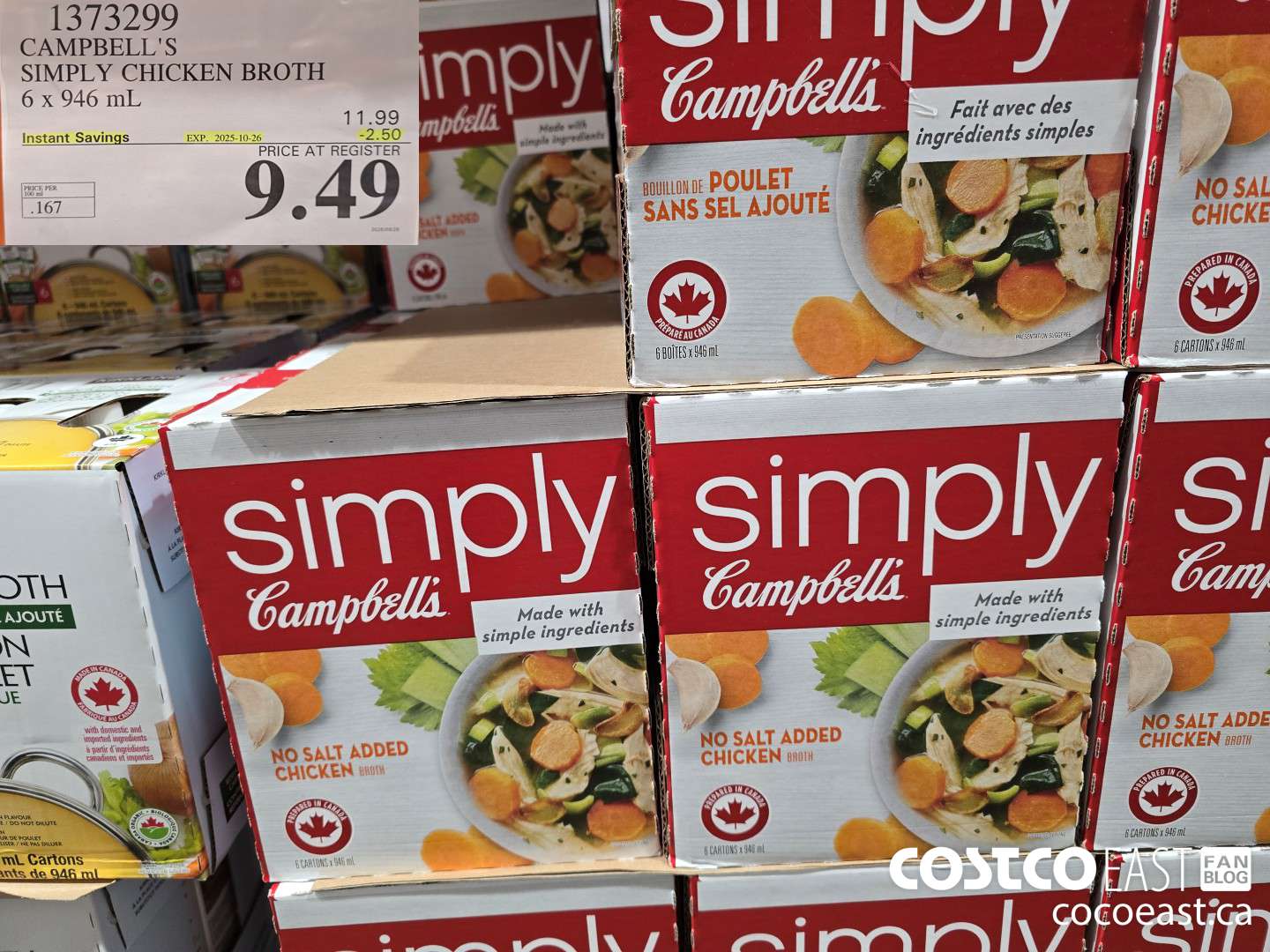 1373299 CAMPBELL'S SIMPLY CHICKEN BROTH 6 x 946 mL ($2.50 INSTANT SAVINGS EXPIRES ON 2025-10-26) $9.49