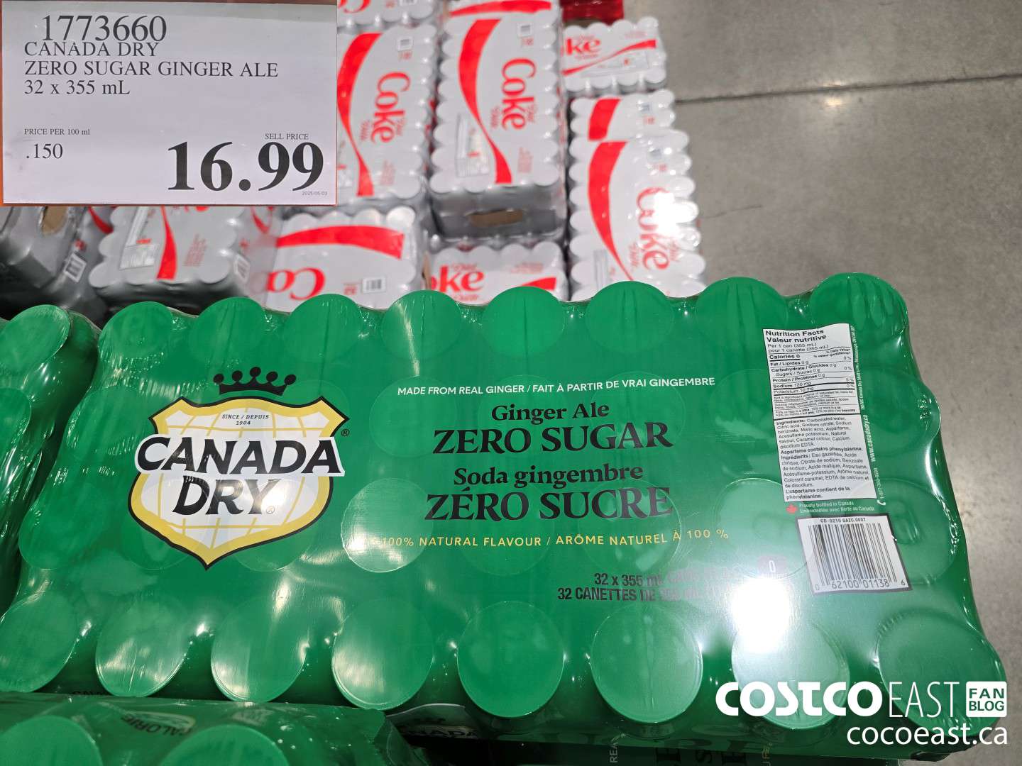 1773660 CANADA DRY ZERO SUGAR GINGER ALE 32 X 355 ML $16.99