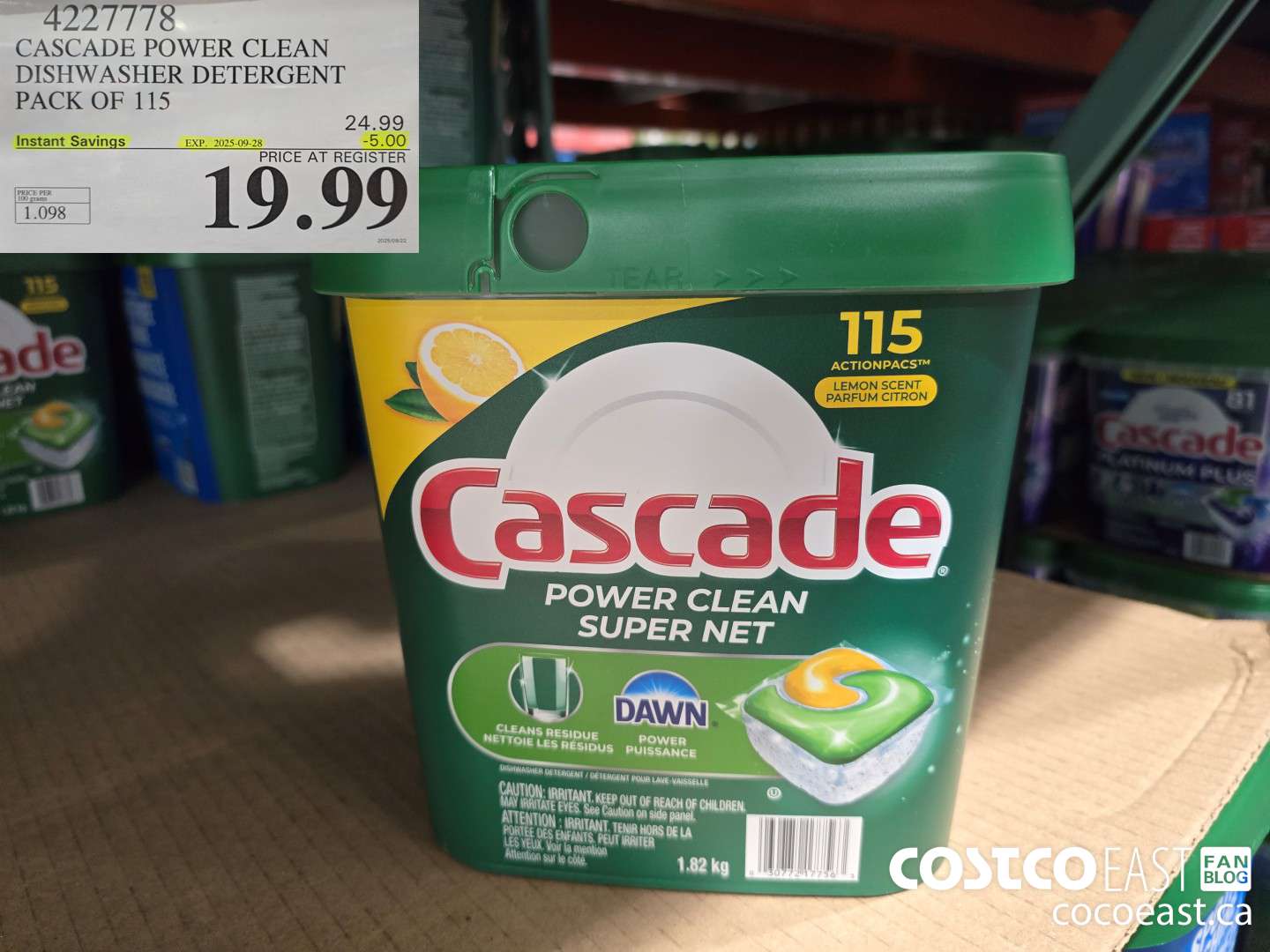 4227778 CASCADE POWER CLEAN DISHWASHER DETERGENT PACK OF 115 ($5.00 INSTANT SAVINGS EXPIRES ON 2025-09-28) $19.99