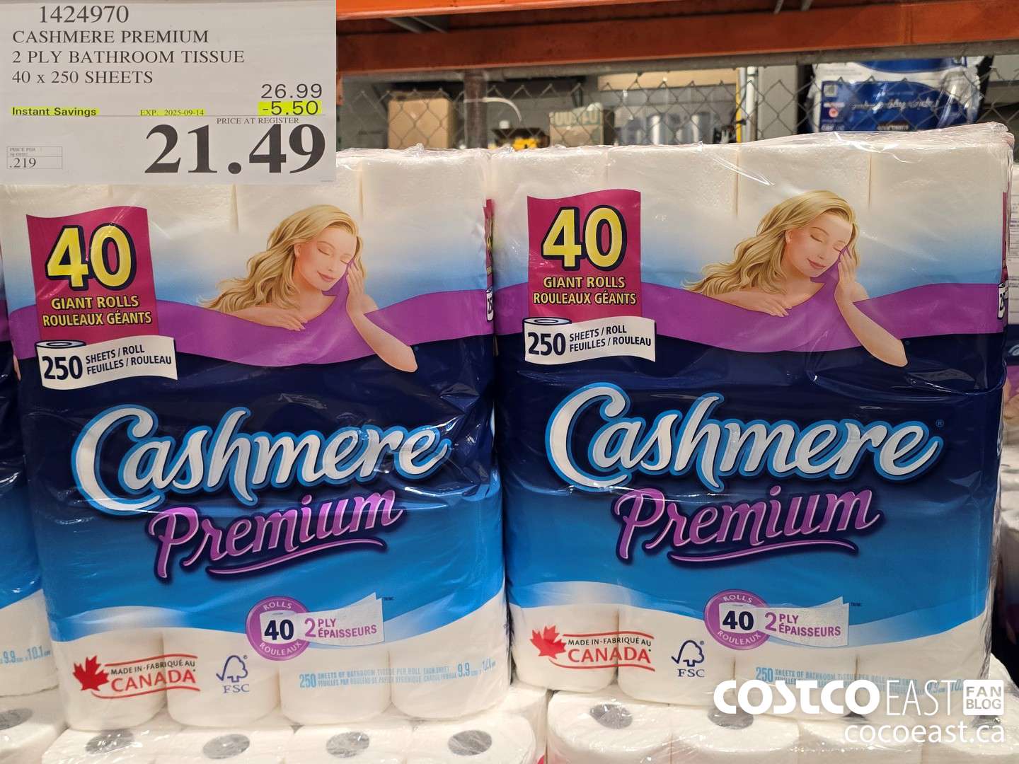 1424970 CASHMERE PREMIUM 2 PLY BATHROOM TISSUE 40 x 250 sheets ($5.50 INSTANT SAVINGS EXPIRES ON 2025-09-14) $21.49