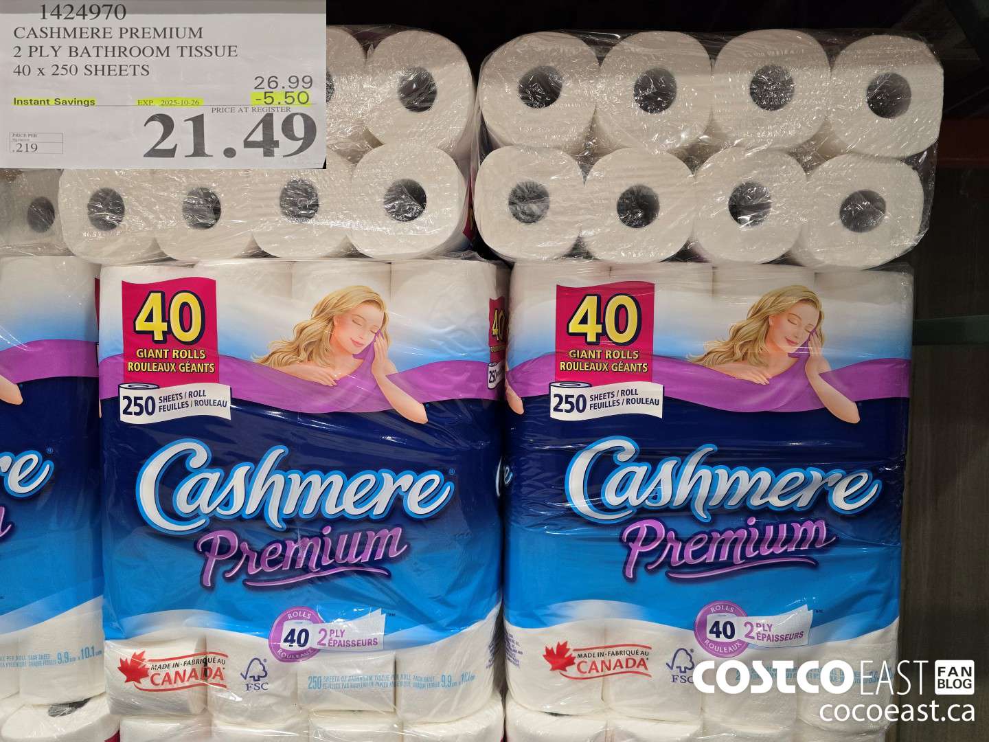 1424970 CASHMERE PREMIUM 2 PLY BATHROOM TISSUE 40 x 250 sheets ($5.50 INSTANT SAVINGS EXPIRES ON 2025-10-26) $21.49