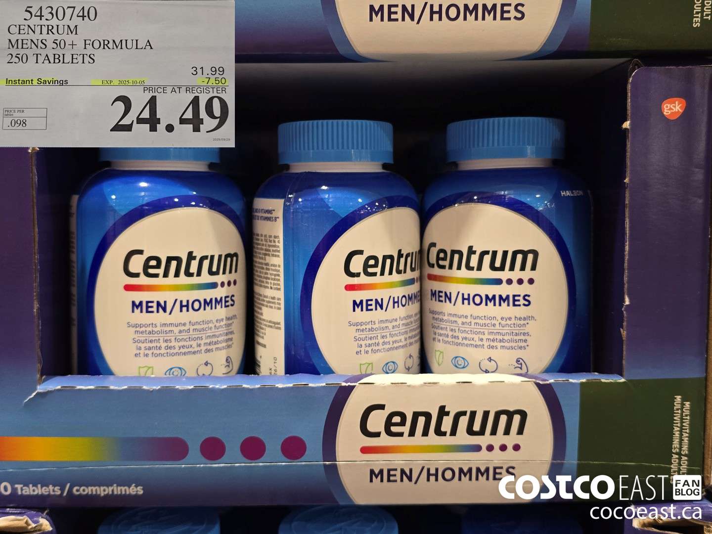 5430740 CENTRUM MEN 50+ FORMULA 250 TABLETS ($7.50 INSTANT SAVINGS EXPIRES ON 2025-10-05) $24.49