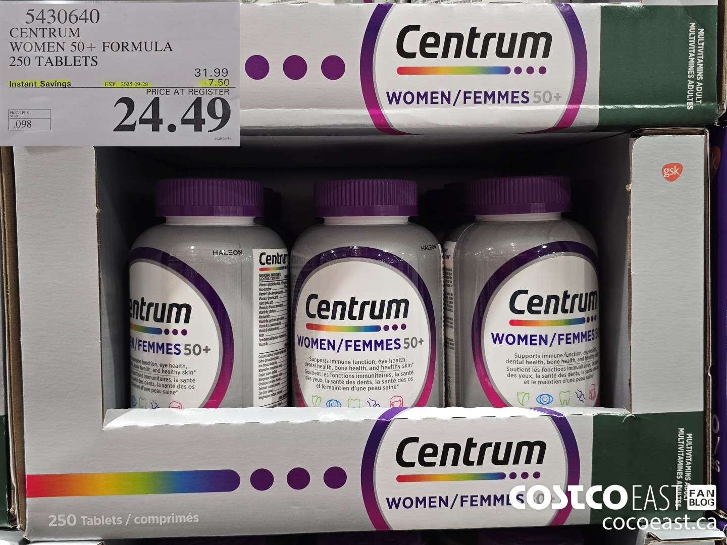 5430640 CENTRUM WOMEN 50+ FORMULA 250 TABLETS ($7.50 INSTANT SAVINGS EXPIRES ON 2025-09-28) $24.49