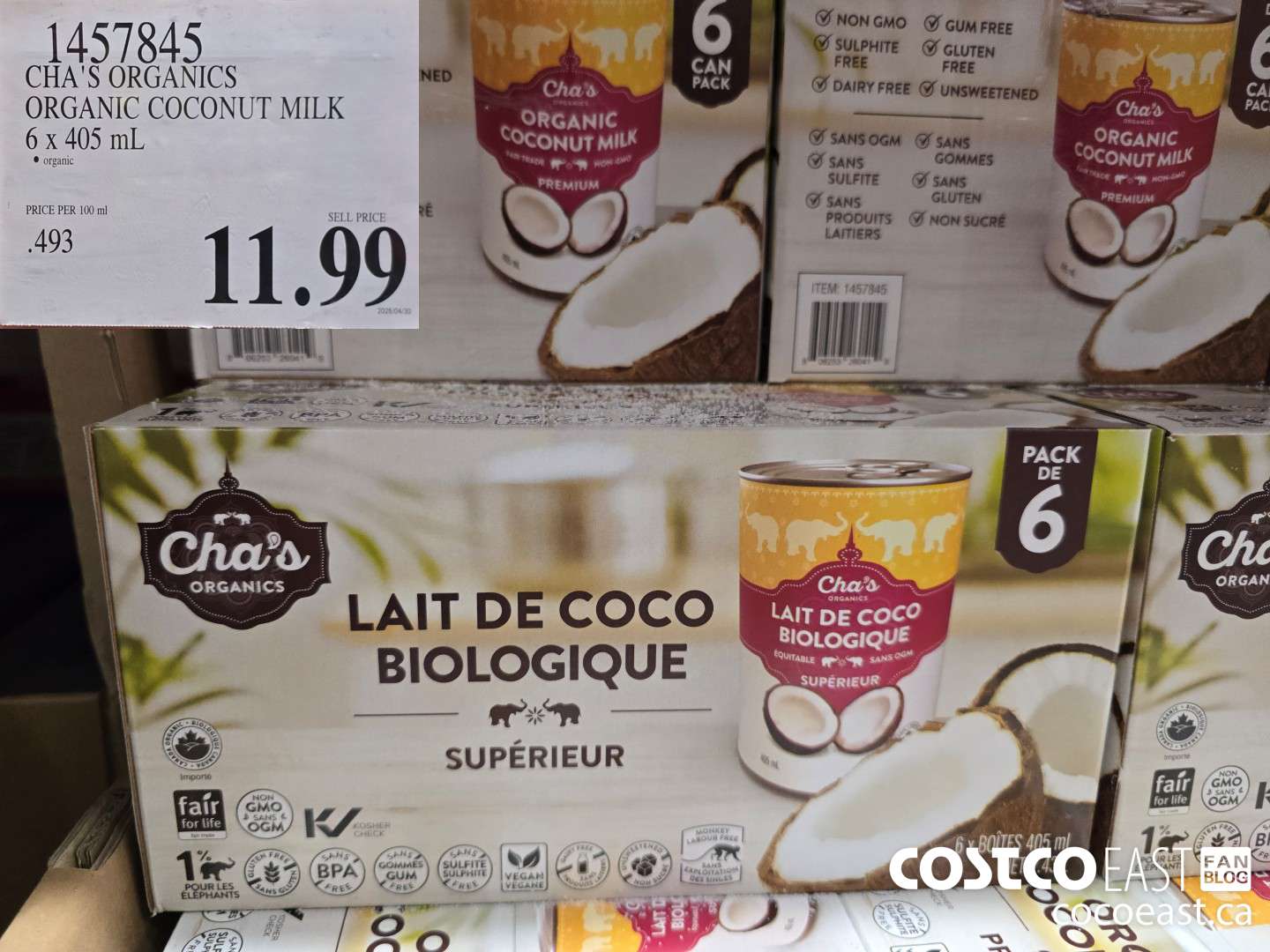 1457845 CHA'S ORGANICS ORGANIC COCONUT MILK 6 x 400 ml $11.99