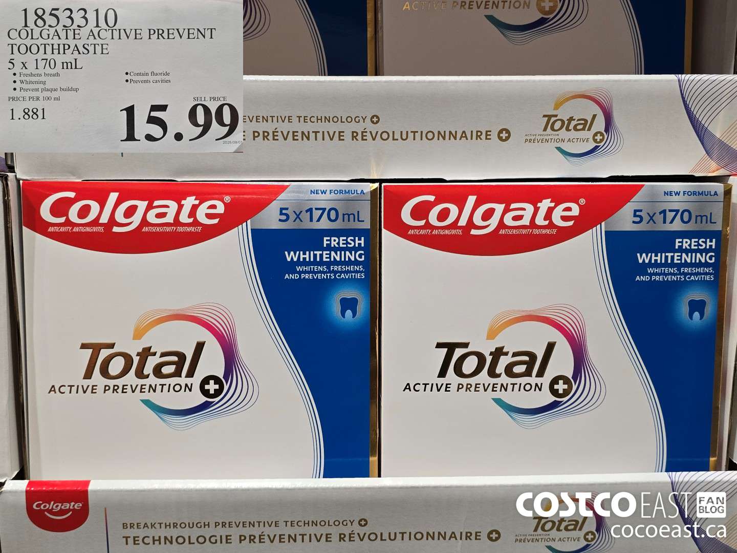 1853310 COLGATE ACTIVE PREVENT TOOTHPASTE 5 x 170 mL $15.99